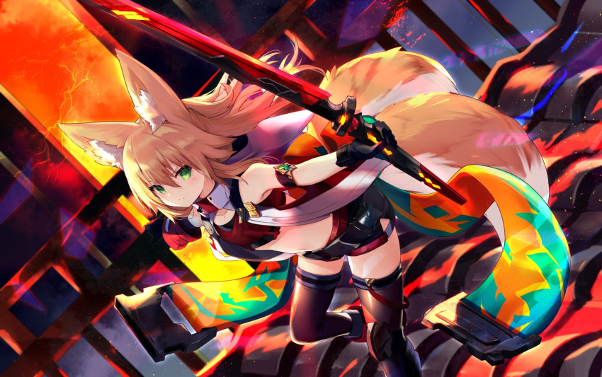 1girl animal_ear_fluff animal_ears arm_strap bare_shoulders black_gloves black_legwear black_shorts blonde_hair boots crop_top fox_ears fox_girl fox_tail gloves green_eyes highres holding holding_sword holding_weapon jacket kokonoe_tsubaki long_hair looking_at_viewer midriff multiple_tails navel open_clothes open_jacket original outstretched_arms revealing_clothes short_shorts shorts sleeveless sleeveless_jacket solo sword tail thighhighs two_tails v-shaped_eyebrows weapon yoshizawa_tsubaki