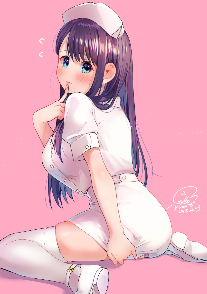 1girl absurdres blue_eyes blush breasts closed_mouth covering covering_ass dated dress embarrassed finger_to_mouth flying_sweatdrops from_behind geshumaro hat highres index_finger_raised large_breasts long_hair looking_at_viewer looking_back nurse nurse_cap pantylines pink_background shoes short_dress signature simple_background sitting skindentation solo thighhighs tsubaki-sama_wa_sakihokore_nai wariza white_dress white_footwear white_headwear white_legwear