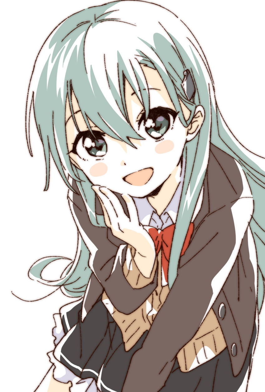 1girl :d aqua_eyes aqua_hair blush_stickers cardigan green_eyes green_hair hair_ornament hairclip highres jacket kantai_collection long_hair long_sleeves looking_at_viewer namori open_cardigan open_clothes open_mouth pleated_skirt school_uniform simple_background skirt smile solo suzuya_(kancolle) white_background