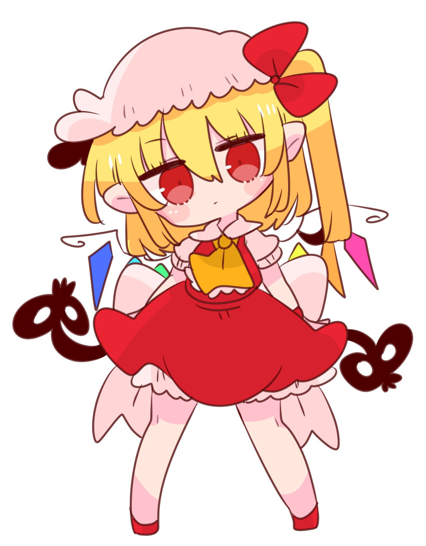 1girl ascot blonde_hair bow crystal flandre_scarlet hat hat_bow highres laevatein long_hair medium_hair medium_skirt mob_cap op_na_yarou ponytail puffy_short_sleeves puffy_sleeves red_bow red_eyes red_footwear red_skirt red_vest sash shirt short_sleeves skirt skirt_set touhou vest white_bow white_headwear white_shirt yellow_neckwear