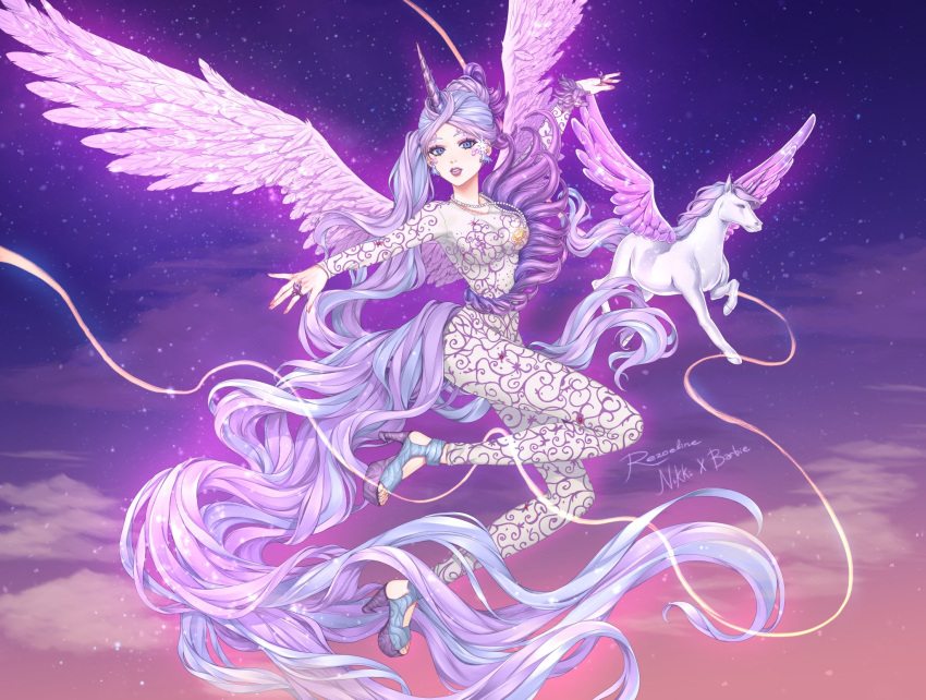 1girl animal blue_eyes bodysuit breasts doll earrings facial_tattoo feathered_wings flying high_heels highres image_sample jewelry jumpsuit light_blue_hair light_purple_hair long_hair love_nikki makeup markings miracle_nikki multicolored_hair necklace pearl_necklace pegasus pegasus_wings pink_nails pink_wings ponytail purple_lips rezoeline ring sky solo_focus sparkle streaked_hair tail tattoo twitter_sample unicorn unicorn_girl wavy_hair wings