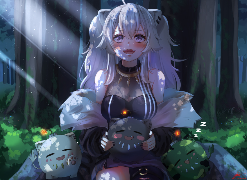 1girl absurdres ahoge animal_ears bangs bare_shoulders black_jacket black_legwear black_shirt blush bomb breasts chii_(chicritro) cleavage commentary_request creature_on_lap ear_piercing fangs forest fur-trimmed_jacket fur_trim grey_eyes grey_skirt hair_between_eyes highres holding_bomb hololive huge_filesize jacket jewelry large_breasts light_rays lion_ears long_hair looking_at_viewer messy_hair nature necklace o-ring off_shoulder open_mouth piercing see-through shirt shishiro_botan sidelocks silver_hair single_leg_pantyhose sitting skin_tight skirt sleeveless sleeveless_shirt smile solo ssrb sunbeam sunlight teeth thigh_strap torn_clothes torn_legwear two_side_up virtual_youtuber zipper_skirt