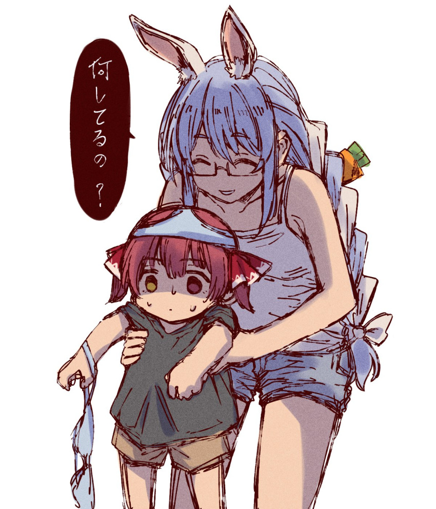 animal_ear_fluff animal_ears bangs blue_hair bra braid bunny_ears glasses hair_ribbon heterochromia highres hololive homura910210 houshou_marine long_hair object_on_head open_mouth panties panties_on_head rabbit_girl red_eyes red_hair ribbon shorts smile sweat tank_top translated turn_pale twin_braids twintails underwear usada_pekora virtual_youtuber yellow_eyes younger