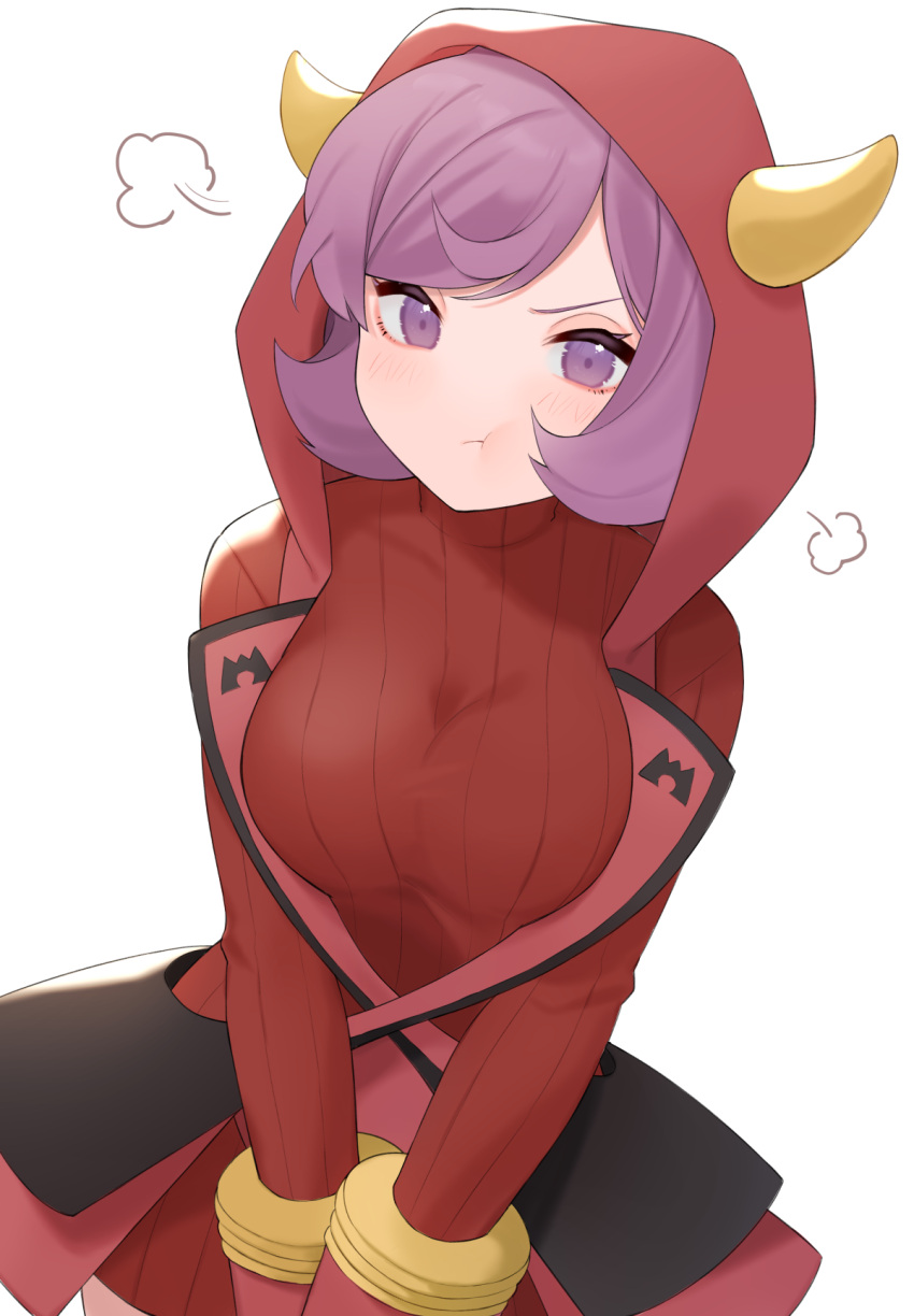 1girl :t =3 bangs blush breasts closed_mouth commentary_request courtney_(pokemon) eyelashes fake_horns gloves highres hood hood_up horns looking_at_viewer nagoooon_114 pokemon pokemon_(game) pokemon_oras pout purple_eyes purple_hair short_hair simple_background solo team_magma team_magma_uniform turtleneck white_background