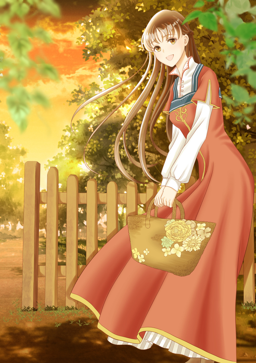 1girl basket brown_eyes brown_hair cloud dress fence highres holding holding_basket kazuki_teru long_hair long_sleeves orange_sky seijo_no_maryoku_wa_bannou_desu sky solo standing takanashi_sei tree