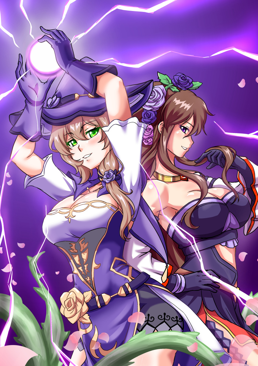 2girls absurdres adjusting_hair arms_up atawatsho bangs bare_shoulders belt breasts brown_hair cleavage collarbone commentary crossover detached_sleeves dress energy_ball english_commentary eyebrows_visible_through_hair eyes_visible_through_hair flower genshin_impact gloves granblue_fantasy green_eyes hair_between_eyes hair_flower hair_ornament hand_on_hip hat highres jewelry large_breasts lightning lisa_minci long_hair looking_at_viewer looking_to_the_side low-tied_long_hair multiple_girls necklace off-shoulder_dress off_shoulder parted_lips petals purple_background purple_eyes purple_flower purple_gloves purple_rose rose rose_petals rosetta_(granblue_fantasy) seiyuu_connection sidelocks simple_background smile tanaka_rie thorns trait_connection witch_hat