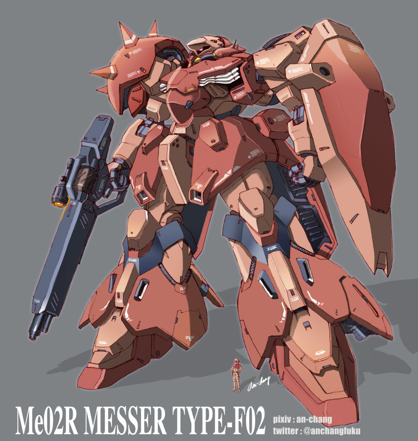 an-chang artist_name beam_rifle character_name energy_gun grey_background gun gundam gundam_hathaway's_flash highres holding holding_gun holding_shield holding_weapon mecha messer_(mobile_suit) mobile_suit science_fiction shield silhouette size_comparison solo_focus standing visor weapon