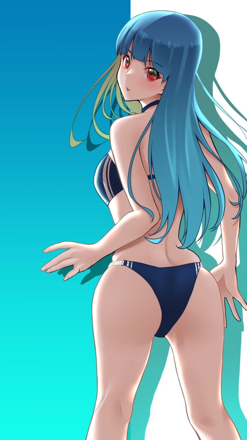 1girl 32174869 ass bangs bikini blue_hair blue_swimsuit breasts eyebrows_visible_through_hair highres kula_diamond long_hair looking_at_viewer purple_eyes shadow simple_background small_breasts sportswear swimsuit the_king_of_fighters