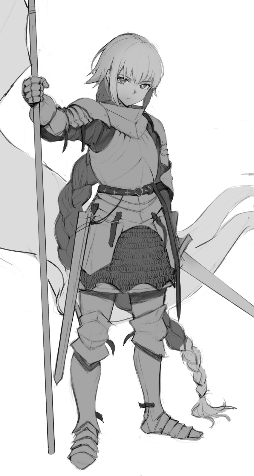 1girl absurdly_long_hair absurdres armor braid braided_ponytail breastplate english_commentary eyebrows_visible_through_hair fate/apocrypha fate_(series) full_body gauntlets greyscale hair_between_eyes highres holding holding_sword holding_weapon jason_kim jeanne_d'arc_(fate) jeanne_d'arc_(fate)_(all) long_hair looking_at_viewer monochrome plate_armor sheath simple_background solo standing sword very_long_hair weapon white_background