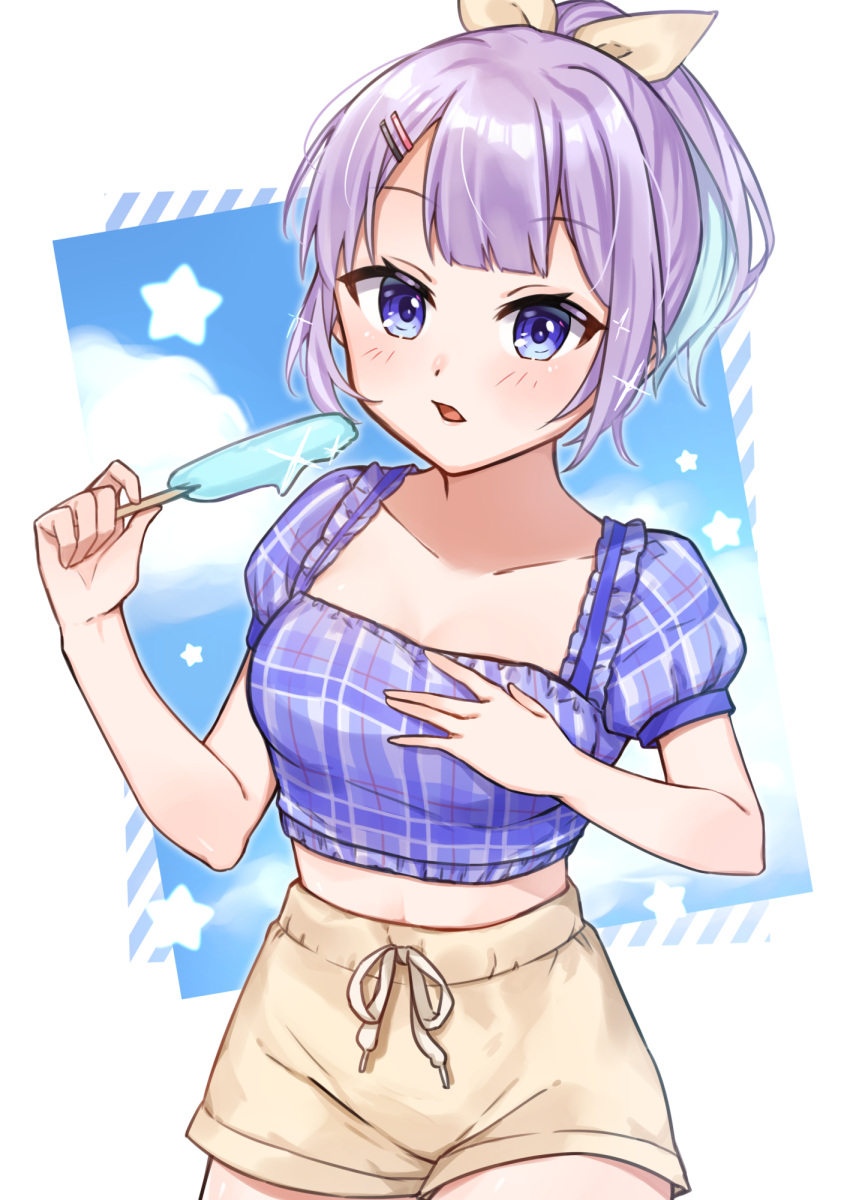 1girl :o bangs beige_shorts blue_eyes blue_hair blue_shirt breasts cloud colored_inner_hair crop_top eyebrows_visible_through_hair food hair_ribbon hand_on_own_chest highres holding holding_food juliet_sleeves kawagami_raito light_blush long_sleeves looking_at_viewer medium_breasts multicolored_hair nijisanji nijisanji_kr nun_bora open_mouth ponytail popsicle puffy_sleeves purple_hair ribbon shirt sky solo star_(symbol) tied_hair virtual_youtuber yellow_ribbon