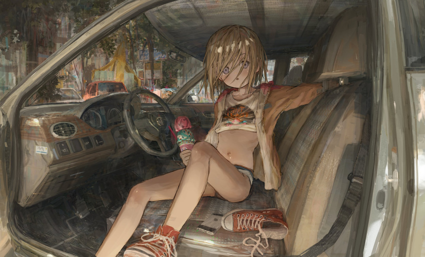 1girl blue_eyes brown_hair car denim denim_shorts flat_chest ground_vehicle highres ice motor_vehicle navel open_mouth original ribs shion_(mirudakemann) short_hair shorts spread_legs underwear