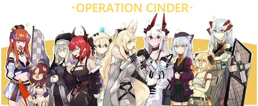 &gt;_&lt; 6+girls ? ahoge animal_ears animal_on_head arknights arm_strap armor bagpipe_(arknights) bagpipe_(queen_no._1)_(arknights) bandaged_hands bandages bare_shoulders belt bird bird_on_head black_choker black_dress black_gloves black_headwear black_horns black_jacket black_robe black_shirt black_skirt black_sweater blemishine_(arknights) blonde_hair blush breastplate breasts breathing_fire brown_eyes cape checkered checkered_flag chest_strap choker cleavage cleavage_cutout closed_mouth clothing_cutout commentary crop_top detached_collar detached_sleeves dragon_horns dress english_text exasperation eyebrows_visible_through_hair eyes_visible_through_hair fire flag food fur_trim gauntlets gloves grey_cape grey_hair groin habit hair_ornament hands_together hands_up hat highres holding holding_flag holding_shield horns horse_ears id_card ifrit_(arknights) ifrit_(sunburn)_(arknights) jacket jewelry jumpsuit large_breasts long_hair midriff mudrock_(arknights) multiple_belts multiple_girls myrtle_(arknights) navel necklace nightingale_(arknights) notice_lines odmised off_shoulder official_art on_head open_jumpsuit open_mouth orange_eyes orange_hair orange_sweater oripathy_lesion_(arknights) owl_ears pauldrons pleated_skirt pointy_ears ponytail popsicle ptilopsis_(arknights) ptilopsis_(serenity)_(arknights) purple_jacket race_queen red_eyes red_flag red_hair ribbed_sweater saria_(arknights) saria_(stronghold)_(arknights) see-through_skirt shield shirt shorts shoulder_armor shoulder_strap skirt specter_(arknights) spoken_question_mark surtr_(arknights) sweat sweater tank_top thighhighs two-tone_background v-shaped_eyebrows white_background white_hair white_headwear white_jumpsuit white_shirt yellow_background