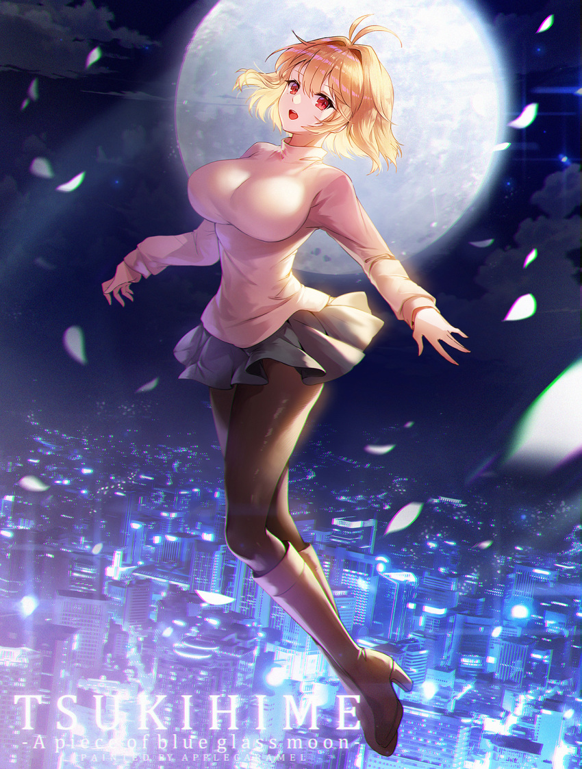 1girl antenna_hair apple_caramel arcueid_brunestud black_legwear blonde_hair boots breasts brown_footwear city_lights cityscape copyright_name english_text eyebrows_visible_through_hair flying full_body hair_intakes high_heel_boots high_heels highres impossible_clothes impossible_sweater knee_boots large_breasts long_sleeves looking_at_viewer medium_hair moon night night_sky open_mouth pantyhose petals pleated_skirt red_eyes skirt sky smile sweater tsukihime tsukihime_(remake) turtleneck turtleneck_sweater white_sweater
