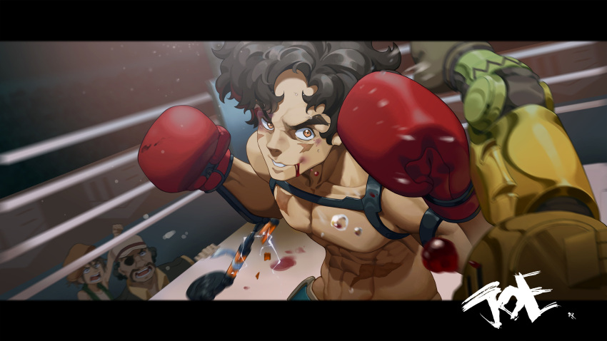 all_male black_hair blood brown_eyes cheese_kang eyepatch gloves joe_(megalo_box) male megalo_box nanbu_(megalo_box) sachio_(megalo_box) scar
