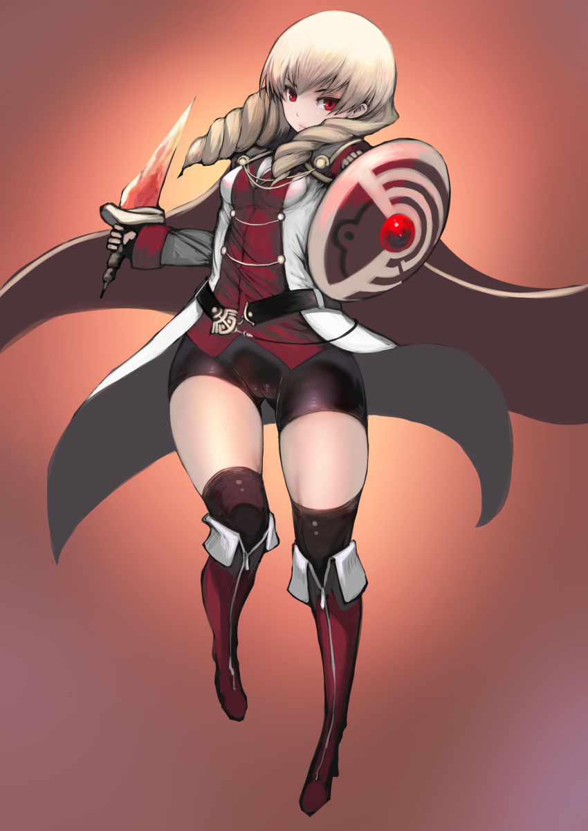 1girl absurdres ass_visible_through_thighs bangs bike_shorts black_legwear blonde_hair boots breasts cameltoe cape closed_mouth drill_hair erika_wagner full_body highres holding holding_sword holding_weapon johan_(johan13) knee_boots long_hair long_sleeves over-kneehighs red_eyes red_footwear shield sleeve_cuffs small_breasts solo sword thighhighs thighs under_night_in-birth weapon