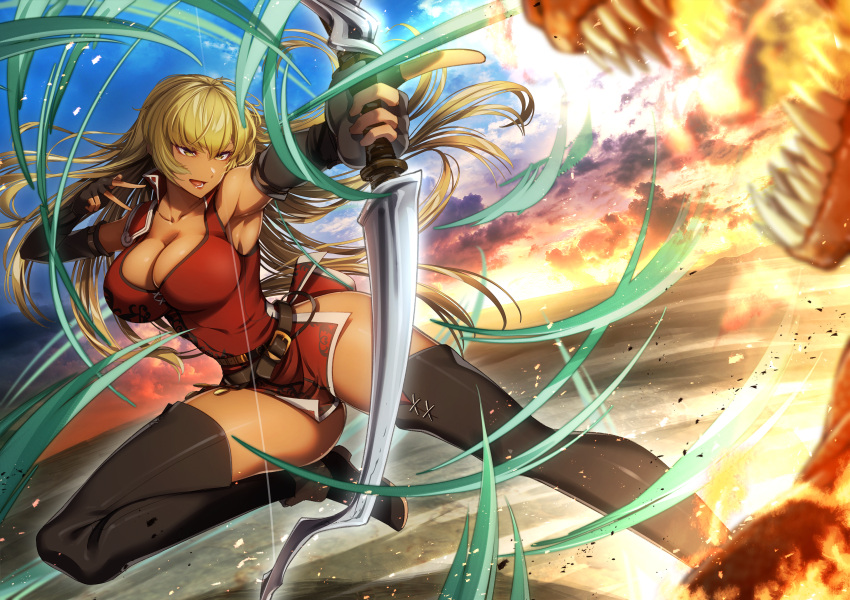 absurdres black_gloves blonde_hair boots bow_(weapon) breasts cleavage cluseller commission commissioner_upload dark-skinned_female dark_skin dragon dress elbow_gloves fingerless_gloves fire fire_emblem fire_emblem:_the_binding_blade gloves highres huge_filesize igrene_(fire_emblem) large_breasts long_hair manakete mole mole_under_eye open_mouth red_dress skeb_commission thighhighs thighs weapon yellow_eyes