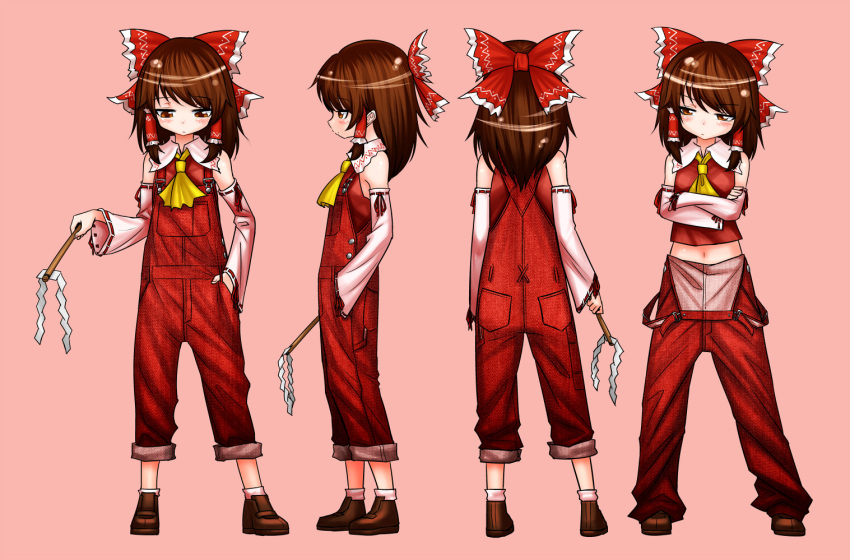 1girl adapted_costume boots bow_hairband brown_hair crossed_arms detached_sleeves gohei hair_tubes hairband hakurei_reimu japanese_clothes lying miko navel neckerchief nontraditional_miko on_back on_side overalls pocket red_headwear red_overalls shimizu_pem short_hair touhou