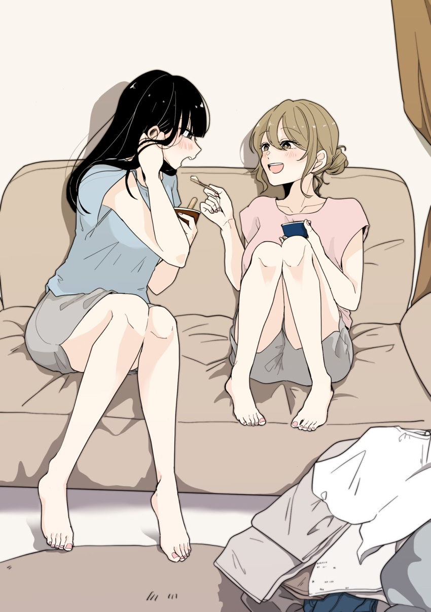 2girls black_eyes black_hair blue_shirt blush brown_eyes brown_hair character_request commentary_request copyright_request couch eyebrows_visible_through_hair feet food hair_bun highres ice_cream long_hair milk_0522 multiple_girls on_couch open_mouth pink_nails pink_shirt sharing_food shirt sitting toes upper_teeth yuri