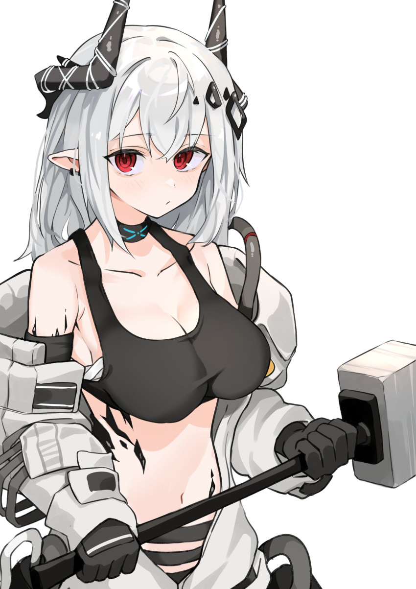 1girl arknights black_gloves black_horns black_tank_top breasts cleavage collarbone commentary_request crop_top ear_piercing eyebrows_visible_through_hair gloves hair_ornament hammer highres holding holding_hammer holding_weapon horns infection_monitor_(arknights) jumpsuit large_breasts long_hair looking_at_viewer midriff mudrock_(arknights) navel open_jumpsuit oripathy_lesion_(arknights) piercing pointy_ears poyason red_eyes sarashi silver_hair simple_background sledgehammer solo tank_top upper_body weapon white_background white_jumpsuit