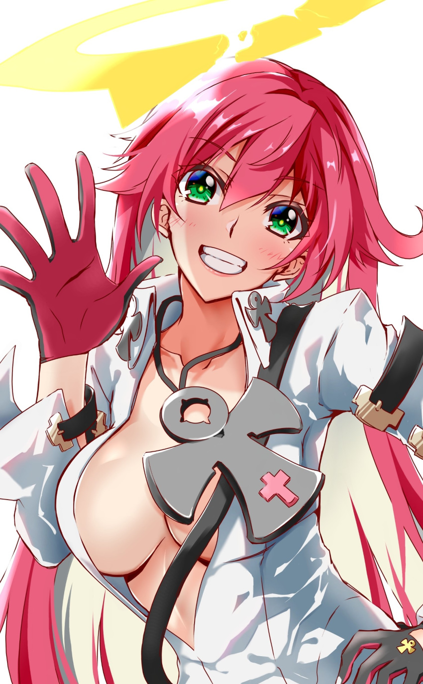 1girl absurdres ankh ankh_necklace aria_(guilty_gear) belt_buckle bodysuit buckle chukachuka gloves green_eyes guilty_gear guilty_gear_strive halo hand_on_hip highres jack-o'_valentine jewelry long_hair multicolored_hair necklace red_hair smile two-tone_gloves two-tone_hair white_bodysuit