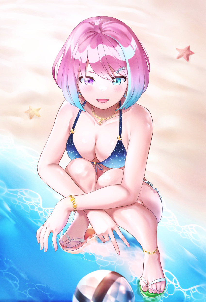 1girl absurdres bikini bracelet breasts candy_hair_ornament chya_(p_chihaya) cleavage collarbone crescent_necklace food-themed_hair_ornament hair_ornament heterochromia highres himemori_luna hololive jewelry open_mouth sandals smile solo squatting starfish starry_sky_print swimsuit toes virtual_youtuber
