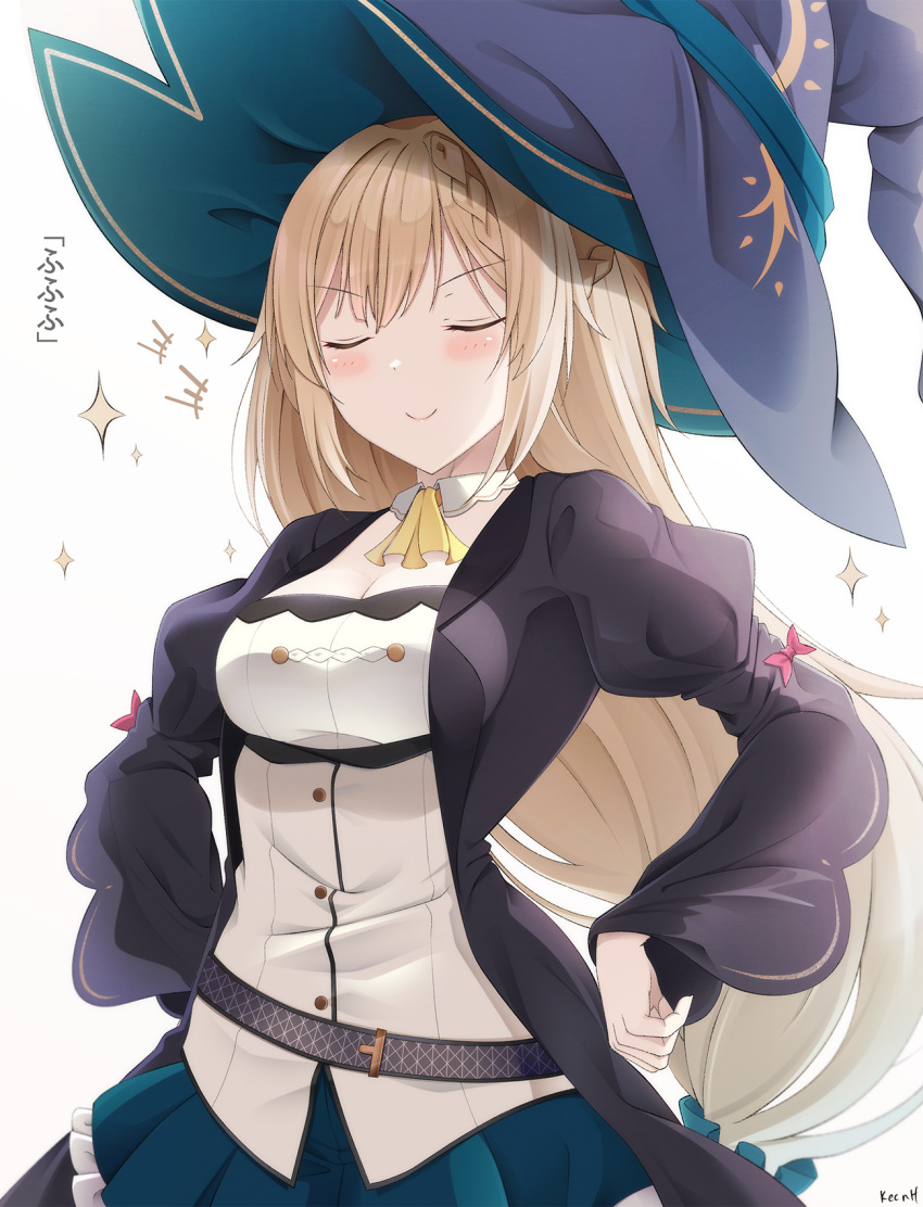 +++ 1girl aizawa_azusa ascot bangs black_robe blonde_hair blue_headwear blue_skirt blush braid breasts cleavage closed_eyes closed_mouth collar commentary detached_collar eyebrows_visible_through_hair frilled_skirt frills hands_on_hips hat highres juliet_sleeves keenh long_hair long_sleeves medium_breasts open_clothes open_robe pleated_skirt puffy_sleeves robe shirt simple_background skirt slime_taoshite_300_nen_shiranai_uchi_ni_level_max_ni_nattemashita solo sparkle translated v-shaped_eyebrows very_long_hair white_background white_collar white_shirt wide_sleeves wing_collar witch_hat yellow_neckwear