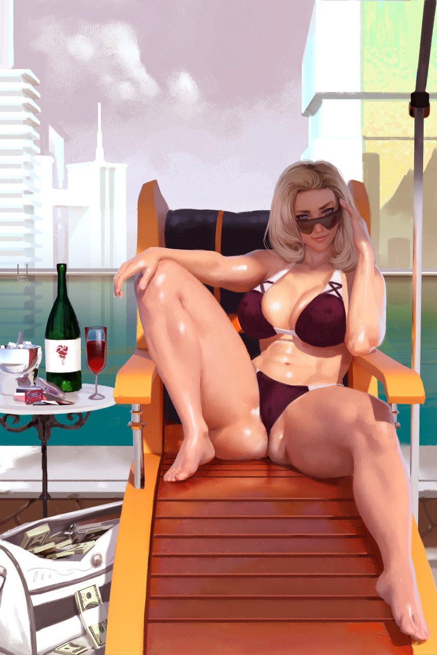 1girl absurdres adjusting_eyewear artnip ass_visible_through_thighs bag barefoot beach_chair belly bikini bikini_tan bottle breasts cityscape cleavage commission cover cover_page covered_nipples cup curvy drinking_glass duffel_bag english_commentary forehead full_body highres large_breasts leg_up lips looking_at_viewer medium_hair money navel nose official_art payton_douglas platinum_blonde_hair purple_bikini raised_eyebrow realistic second-party_source selling_it shiny shiny_skin solo spread_legs sunglasses swimsuit tan tanline textless thick_thighs thighs wine_bottle wine_glass