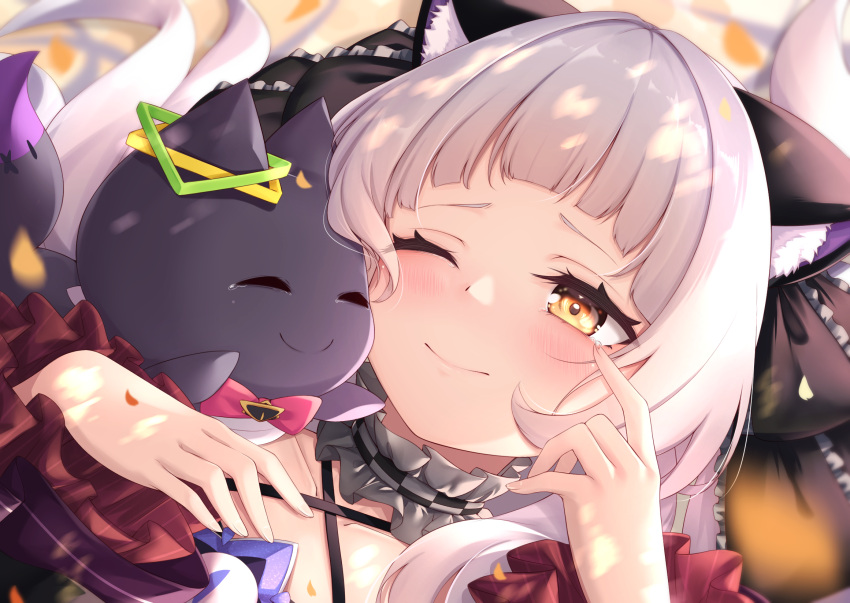 animal_ears arata_(xin) blush bow catgirl choker close gray_hair hololive hug long_hair murasaki_shion tears wink yellow_eyes