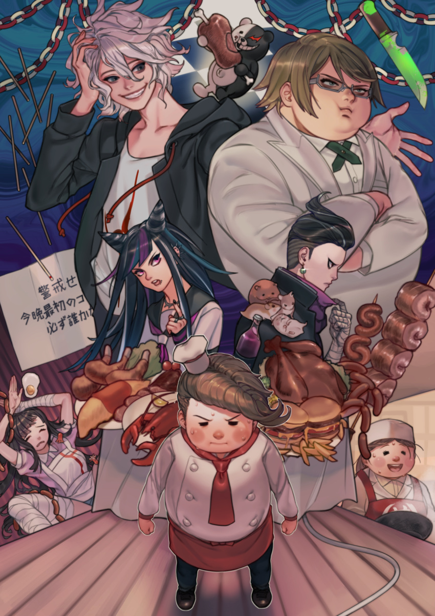 2girls 3boys animal animal_on_shoulder apron bangs black_hair black_jacket blue_hair brown_hair burger chain cham-p chef chef_hat chef_uniform chicken_(food) collarbone danganronpa_(series) danganronpa_2:_goodbye_despair dress_shirt earrings fat fat_man food french_fries full_body glasses green_jacket grey_hair grin ground_vehicle hair_horns hamster hanamura_teruteru hand_on_head hat highres holding holding_food hummer indoors jacket jewelry jum-p knife komaeda_nagito lying maga-g meat mioda_ibuki monokuma motor_vehicle multiple_boys multiple_girls on_back on_ground red_apron rei_(tdn_ng) sailor_collar shirt short_hair smile standing sun-d tanaka_gandamu togami_byakuya_(danganronpa_2) tsumiki_mikan white_apron white_jacket white_shirt wooden_floor