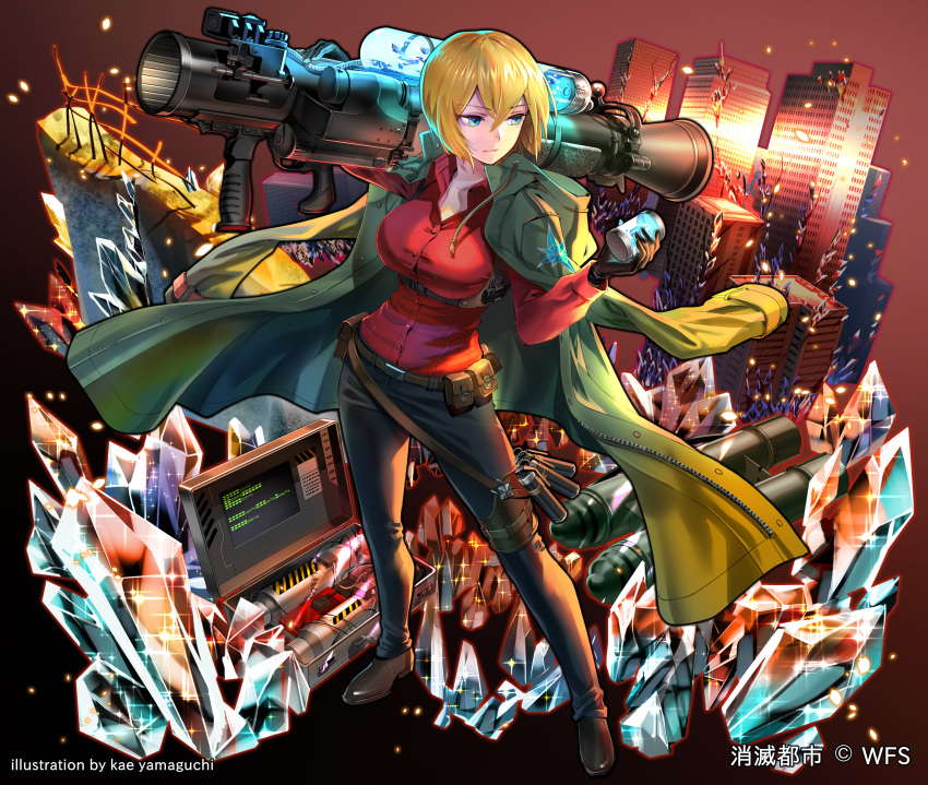 belt black_pants blonde_hair blue_eyes brown_footwear cityscape closed_mouth coat collared_shirt contrapposto crystal dress_shirt eyebrows_visible_through_hair full_body gloves hair_between_eyes highres holster kaekae looking_at_object official_art open_clothes open_coat pants red_shirt shirt shirt_tucked_in short_hair shoumetsu_toshi thigh_holster tight tight_pants tight_shirt wing_collar