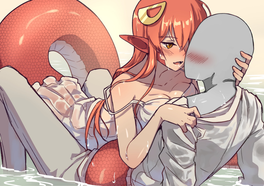 1boy 1girl blush breasts colored_skin commentary dress eyebrows_visible_through_hair fangs grey_skin hair_ornament highres lamia long_hair medium_breasts miia_(monster_musume) monster_girl monster_musume_no_iru_nichijou nifffi no_bra pants pointy_ears saliva saliva_trail scales shirt slit_pupils sundress third-party_edit wet wet_clothes wet_dress wet_hair wet_pants wet_shirt yellow_eyes