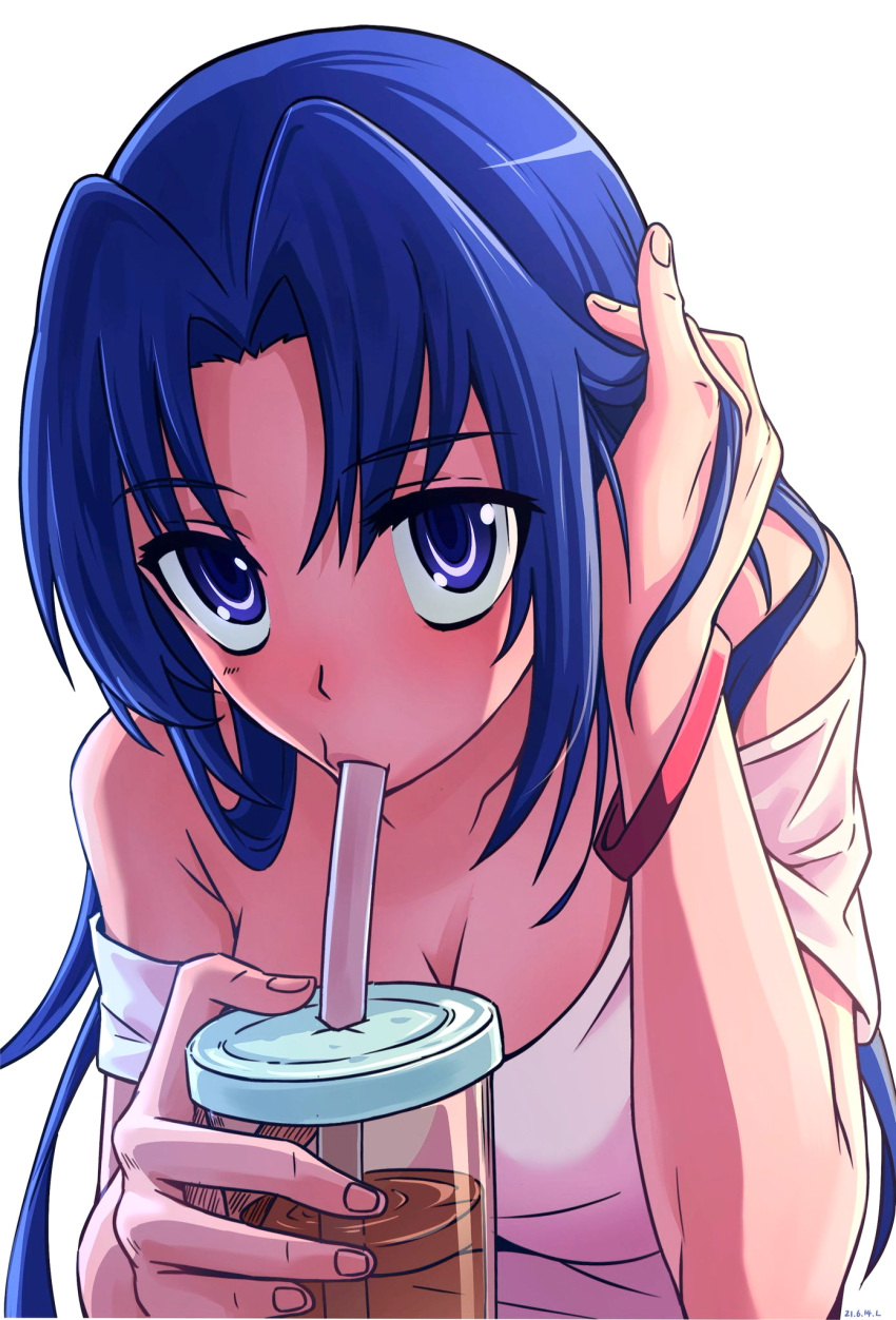 1girl :&gt;= bangs blue_eyes blue_hair breasts cleavage commentary cup eyebrows_visible_through_hair hair_tucking highres holding holding_cup kawashima_ami long_hair looking_at_viewer off-shoulder_shirt off_shoulder royl shirt short_sleeves simple_background solo toradora! upper_body white_background white_shirt wristband