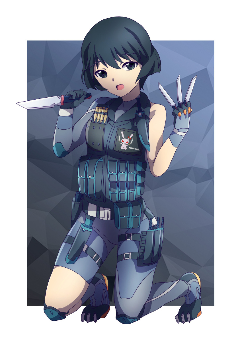 1girl 9s0ykoyama117 absurdres alternate_costume asymmetrical_clothes asymmetrical_sleeves bangs belt between_fingers black_eyes black_hair blue_background blue_bodysuit blue_gloves bodysuit border bullet bunny combat_knife commentary emblem english_text eyebrows_visible_through_hair girls_und_panzer gloves harness highres holding holding_knife holster knee_pads kneeling knife knife_holster looking_at_viewer open_mouth outside_border pouch reverse_grip short_hair smile solo thigh_holster utility_belt utsugi_yuuki weapon white_border