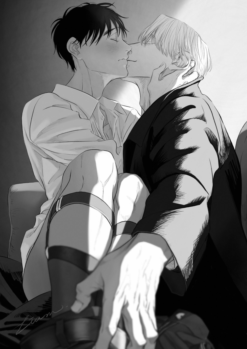 2boys adam's_apple backlighting belt black_belt black_hair black_jacket black_pants blush closed_eyes closed_mouth collared_shirt colored_eyelashes commentary_request couch dress_shirt eyelashes fingernails foreshortening from_side furrowed_brow greyscale hand_on_another's_neck highres indoors jacket katsuki_yuuri kiss liam light light_blush light_smile living_room male_focus monochrome multiple_boys nervous no_pants nose_blush outstretched_hand pants pants_removed profile shirt signature sitting sitting_on_person sock_garters sunlight viktor_nikiforov wall white_shirt yaoi yuri!!!_on_ice