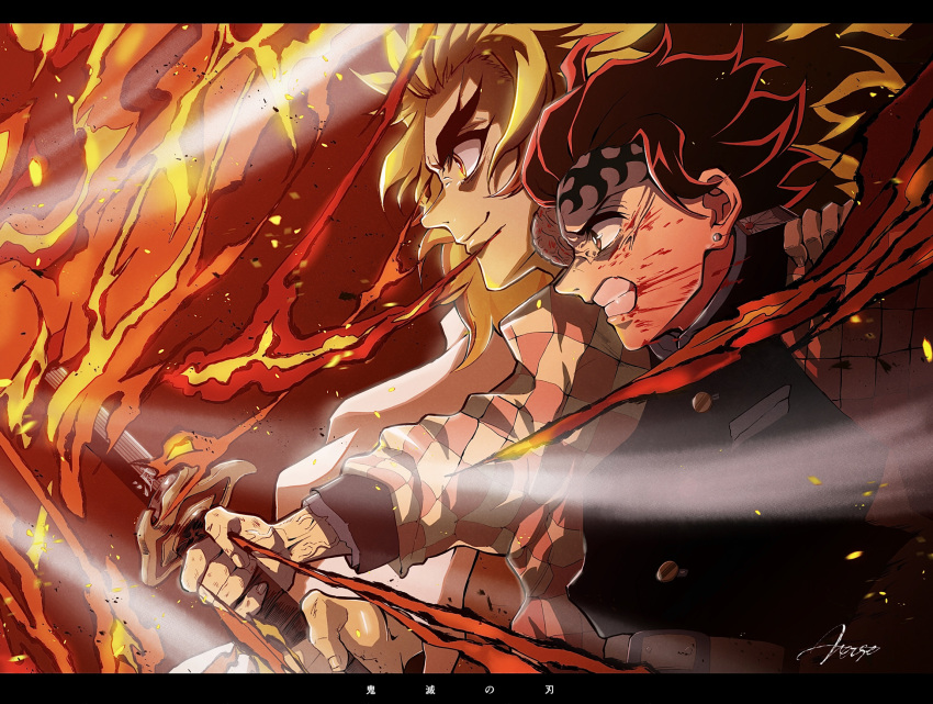 2boys angry belt black_jacket blonde_hair blood blood_on_face brown_eyes checkered closed_mouth commentary_request earrings fire gradient_hair highres holding holding_sword holding_weapon jacket japanese_clothes jewelry kamado_tanjirou katana kimetsu_no_yaiba kimono letterboxed long_hair long_sleeves multicolored_hair multiple_boys red_hair rengoku_kyoujurou scar scar_on_forehead signature smile sword teeth upper_body veins veiny_arms verse weapon