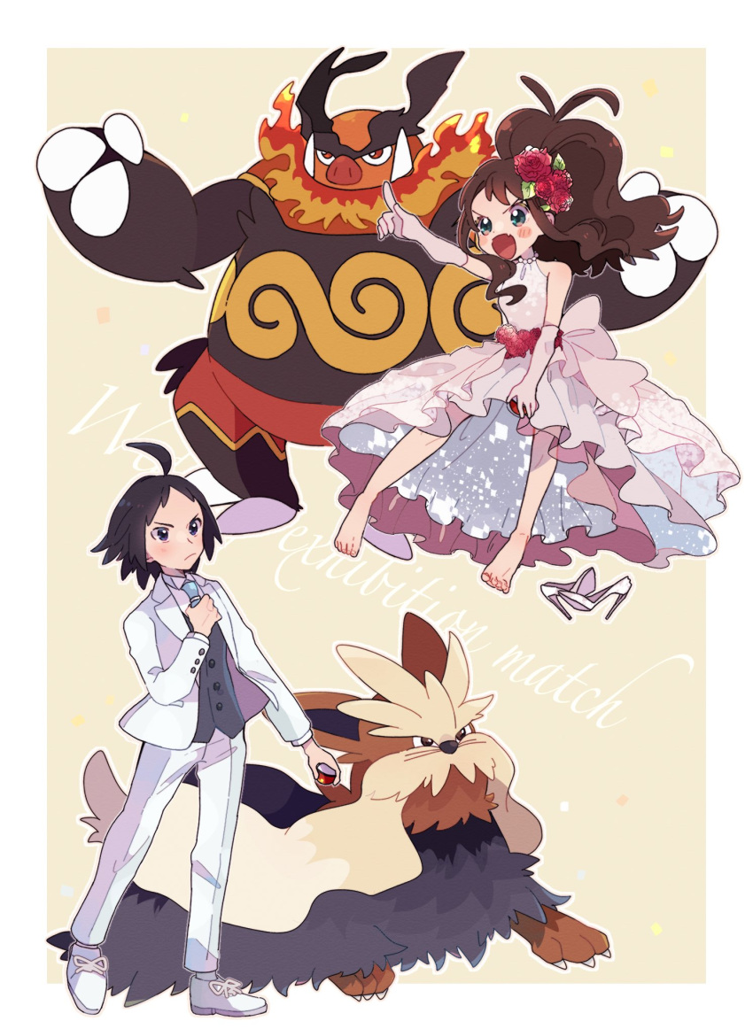 1boy 1girl ahoge alternate_costume antenna_hair bangs barefoot blue_eyes blush border brown_hair buttons cheren_(pokemon) commentary_request dress elbow_gloves emboar gen_5_pokemon gloves highres hilda_(pokemon) holding holding_poke_ball jacket ohds101 open_mouth outside_border pants pointing poke_ball poke_ball_(basic) pokemon pokemon_(creature) pokemon_(game) pokemon_bw shoes shoes_removed short_hair sleeveless sleeveless_dress socks standing stoutland toes tongue vest white_border white_footwear white_jacket white_pants