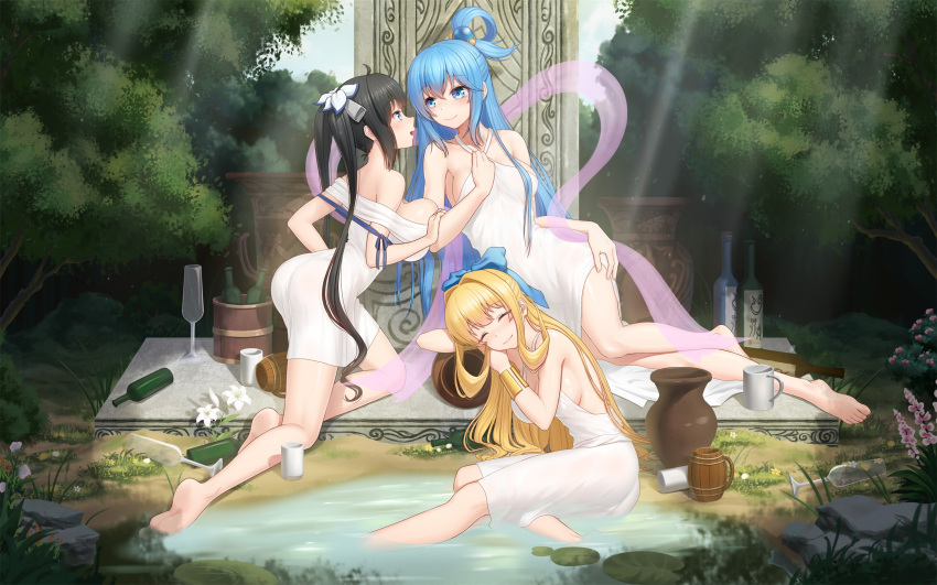 anarchojs aqua_(kono_subarashii_sekai_ni_shukufuku_wo!) ass breast_hold crossover dress dungeon_ni_deai_wo_motomeru_no_wa_machigatteiru_darou_ka hestia_(dungeon) kono_subarashii_sekai_ni_shukufuku_wo! kono_yuusha_ga_ore_tueee_kuse_ni_shinchou_sugiru no_bra ristarte_(kono_yuusha_ga_ore_tueee_kuse_ni_shinchou_sugiru) see_through wet wet_clothes