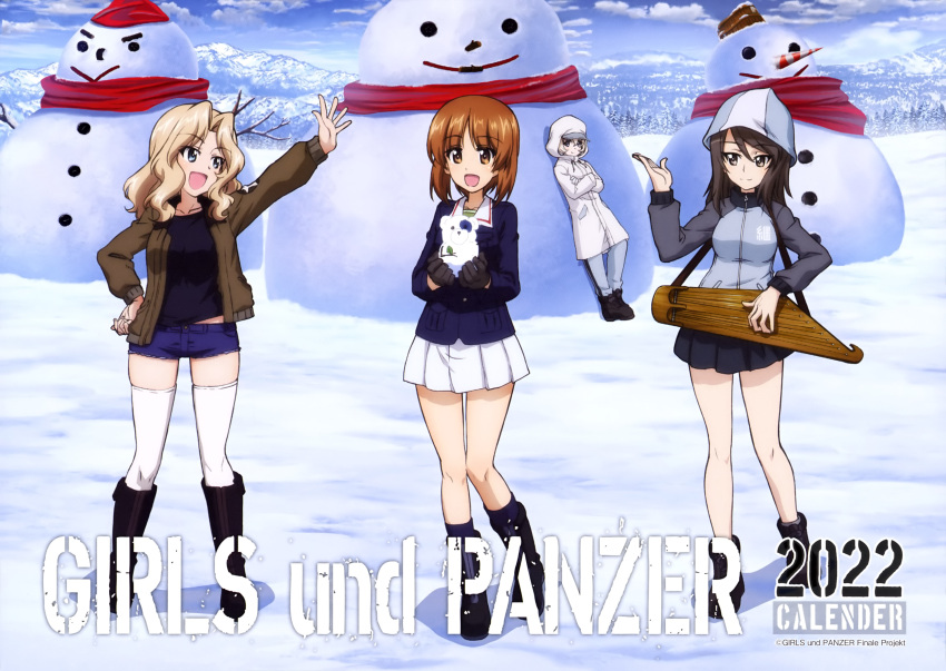 4girls :d absurdres arm_up bangs black_footwear black_shirt black_skirt blonde_hair blue_eyes blue_jacket blue_sky boko_(girls_und_panzer) boots brown_eyes brown_hair brown_jacket calendar_(medium) closed_mouth collared_jacket crossed_arms day denim denim_shorts field girls_und_panzer gloves green_shirt grey_eyes grey_jacket grey_pants hair_between_eyes highres holding hood hood_up hooded_jacket instrument jacket kantele kay_(girls_und_panzer) keizoku_military_uniform long_hair long_sleeves mika_(girls_und_panzer) mountainous_horizon multicolored_clothes multicolored_jacket multiple_girls nishizumi_miho official_art ooarai_military_uniform open_mouth outdoors pants pleated_skirt saunders_military_uniform scan shirt short_hair short_shorts shorts skirt sky smile snow snowman thighhighs two-tone_jacket uniform wavy_hair white_gloves white_jacket white_legwear white_skirt youko_(girls_und_panzer)