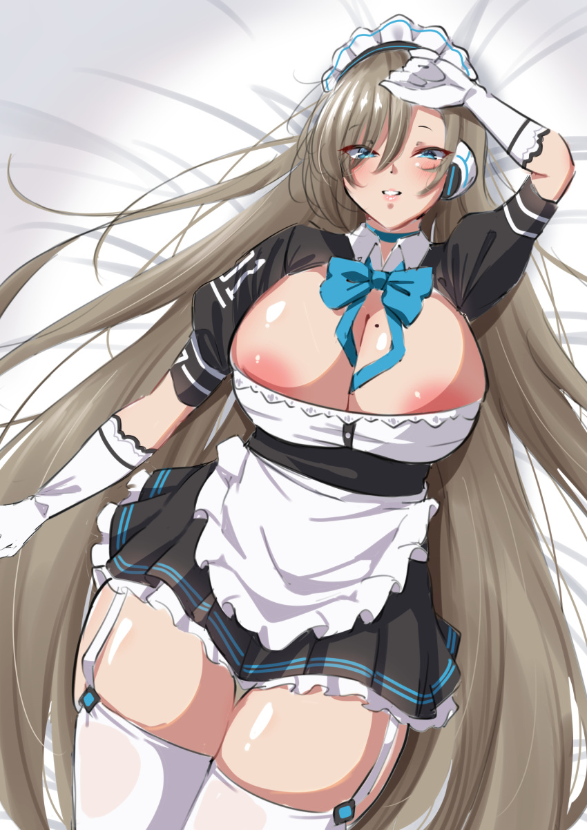 1girl apron asuna_(blue_archive) bangs bed_sheet between_breasts blue_archive blue_eyes blush breasts brown_hair cleavage curvy elbow_gloves garter_straps gloves hand_on_own_head headgear highres large_breasts long_hair maid maid_apron maid_headdress nanohana_(november.) naughty_face necktie necktie_between_breasts nipples puffy_sleeves ribbon shiny shiny_skin smile thick_thighs thigh_gap thighhighs thighs white_legwear