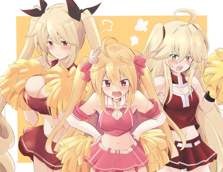 3girls admiral_hipper_(azur_lane) alternate_costume azur_lane blonde_hair blush breasts cheerleader cleavage commentary_request crescent_(azur_lane) green_eyes highres holding holding_pom_poms large_breasts long_hair medium_breasts multiple_girls navel nelson_(azur_lane) open_mouth pom_pom_(cheerleading) red_eyes skirt small_breasts tonchinkan tsundere