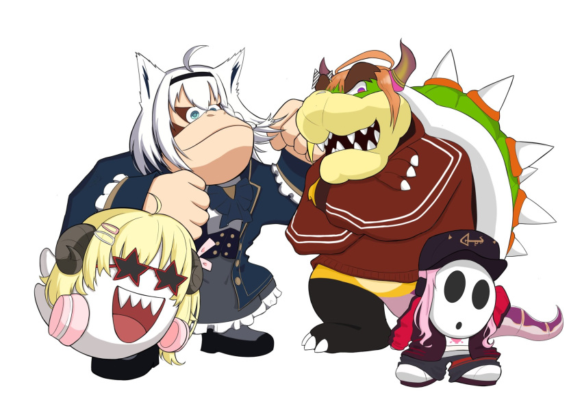 2boys ahoge animal_ears bangs baseball_cap black_corset black_headwear blonde_hair blue_eyes blue_jacket boo bowser corset cosplay crossed_arms donkey_kong dragon_horns fong_(fongthe0125) fox_ears ghost gorilla grey_skirt hair_ornament hairclip hat head_tilt headphones highres hololive hololive_english horns jacket kiryu_coco kiryu_coco_(cosplay) long_hair mario_(series) mario_party mask mori_calliope mori_calliope_(cosplay) multiple_boys orange_hair pink_hair red_jacket sharp_teeth sheep_horns shell shirakami_fubuki shirakami_fubuki_(cosplay) shy_guy skirt spikes sunglasses teeth tsunomaki_watame tsunomaki_watame_(cosplay)