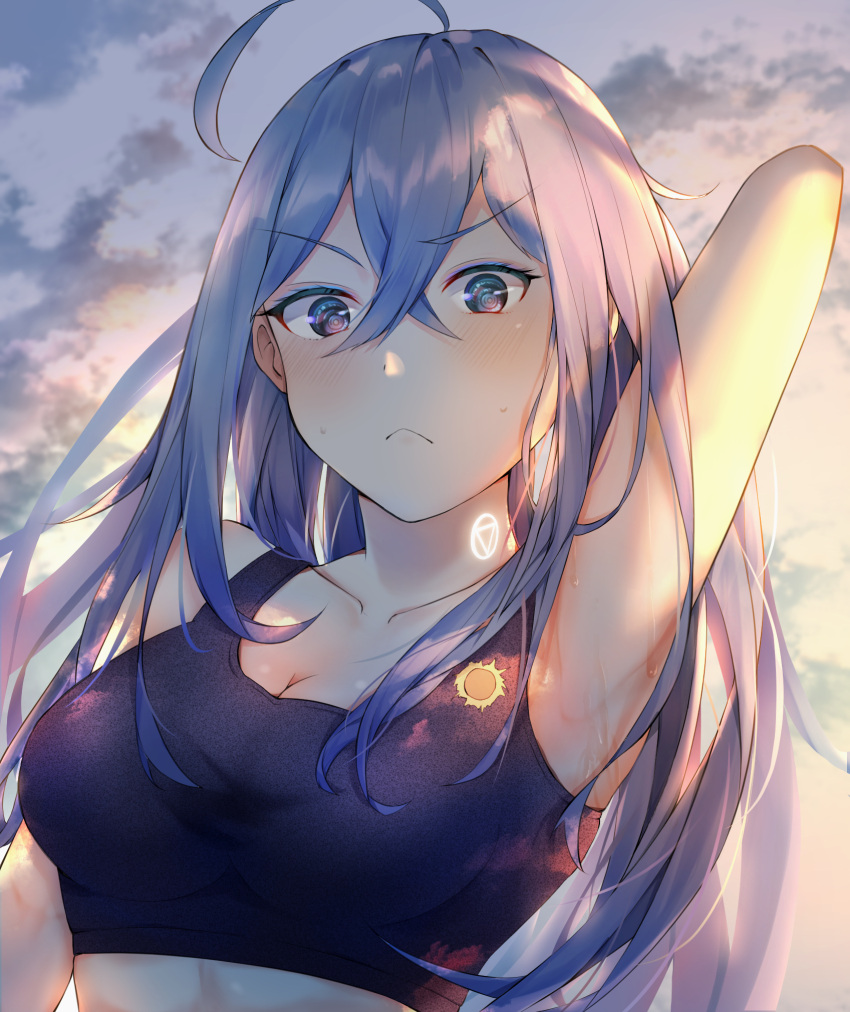 1girl ahoge arm_up armpits black_tank_top blue_eyes blush breasts cleavage closed_mouth highres light_blue_hair magaqq123 medium_breasts solo sweat tank_top upper_body vivy vivy:_fluorite_eye's_song