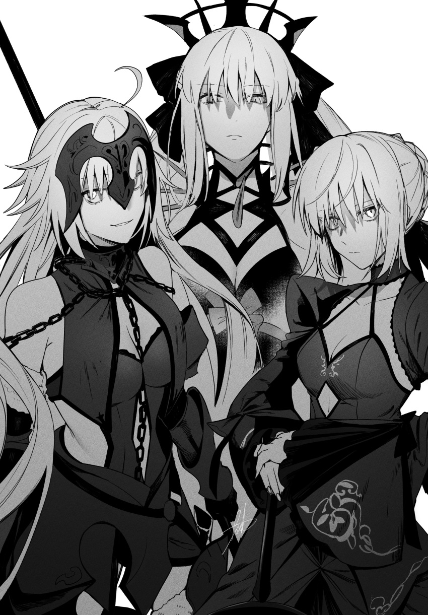 3girls absurdres ahoge artoria_pendragon_(all) breasts chain cleavage dress excalibur_morgan_(fate) fate/grand_order fate_(series) greyscale highres jeanne_d'arc_(alter)_(fate) jeanne_d'arc_(fate)_(all) long_hair monochrome morgan_le_fay_(fate) multiple_girls ryousuke_(tukr5384) saber_alter signature smile sword weapon white_background