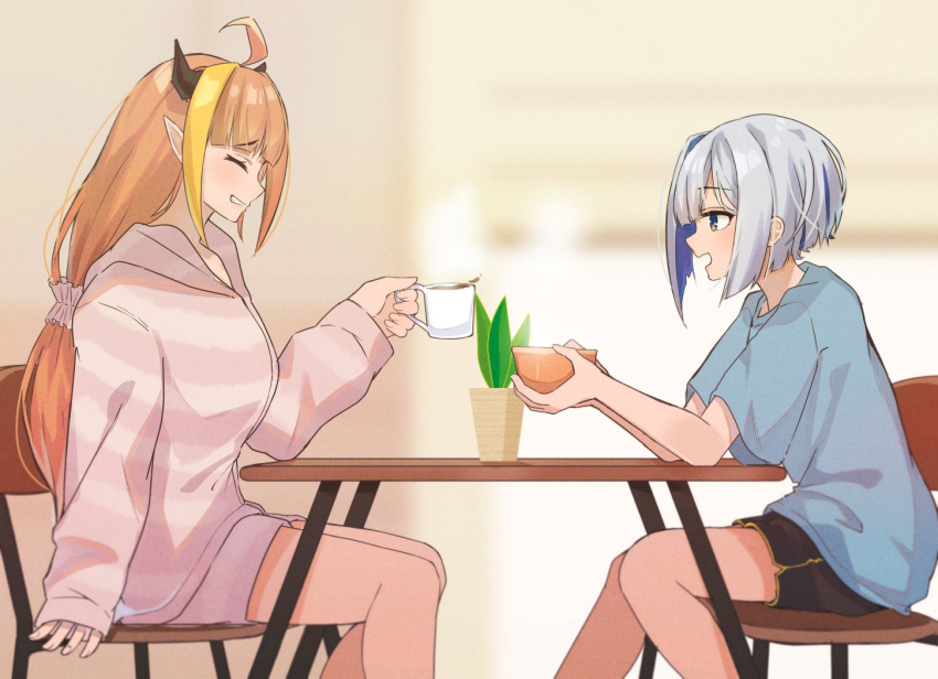 2girls ahoge alternate_costume amane_kanata angel bangs black_shorts blonde_hair blue_eyes blue_hair blue_shirt blunt_bangs blurry blurry_background bob_cut chair closed_eyes colored_inner_hair cup doukyo's dragon_girl dragon_horns elbows_on_table eyebrows_visible_through_hair facing_another feet_out_of_frame from_side holding holding_cup hololive hood hood_down horizontal_stripes horns indoors kiryu_coco long_hair long_sleeves looking_at_another low_tied_hair mug multicolored_hair multiple_girls open_mouth orange_hair pajamas pink_pajamas pink_shorts plant pointy_ears potted_plant shirt short_hair short_sleeves shorts sidelocks silver_hair single_hair_intake sitting sleeves_past_wrists streaked_hair striped striped_pajamas t-shirt table tsuruya_(l_re10_l) virtual_youtuber