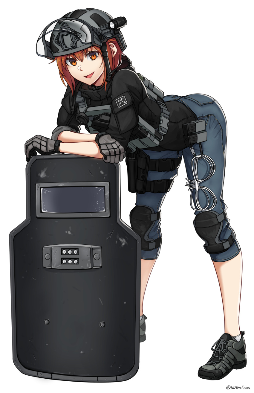 1girl :d absurdres ammunition_pouch bangs black_footwear black_jacket blue_pants brown_eyes brown_hair carabiner commentary_request full_body gloves grey_gloves grey_headwear gun hair_between_eyes handgun helmet highres holster holstered_weapon jacket knee_pads leaning_forward looking_at_viewer magazine_(weapon) ndtwofives open_mouth original pants pistol plate_carrier pouch riot_shield shoes short_sleeves simple_background smile solo standing thigh_holster twitter_username visor weapon white_background