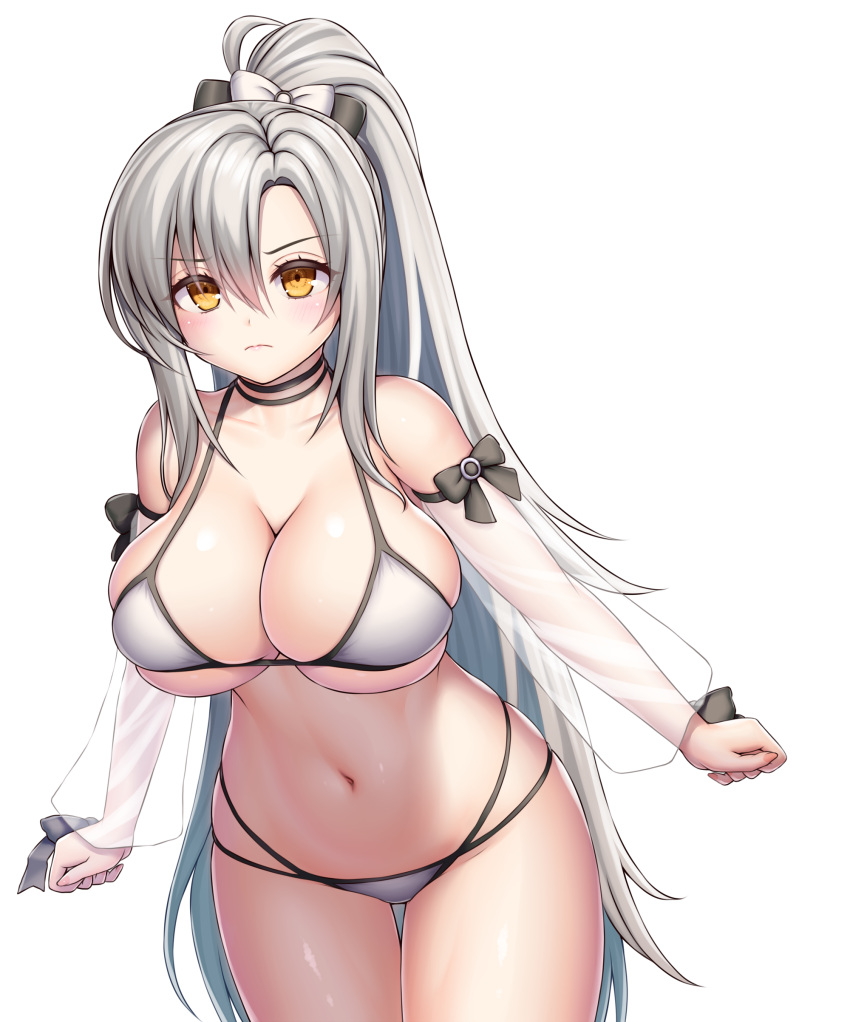 1girl absurdres asamura_hiori azur_lane bangs bare_shoulders bikini black_choker blush bow breasts choker cleavage clenched_hands closed_mouth collarbone commentary_request cowboy_shot detached_sleeves drake_(azur_lane) drake_(the_golden_hind's_respite)_(azur_lane) eyebrows_visible_through_hair frown grey_hair groin hair_between_eyes hair_bow high_ponytail highres large_breasts long_hair looking_at_viewer multi-strapped_bikini navel official_alternate_costume partial_commentary ponytail redrawn see-through see-through_sleeves sidelocks simple_background skindentation solo standing stomach swimsuit thigh_gap underboob very_long_hair white_background white_bikini yellow_eyes