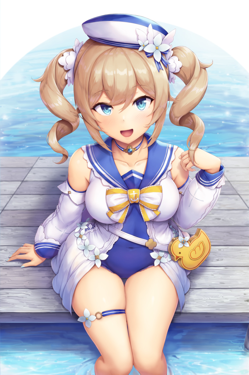 1girl :d anchor_symbol bag bangs barbara_pegg bare_shoulders blonde_hair blue_choker blue_eyes blue_sailor_collar blue_swimsuit bow breasts casual_one-piece_swimsuit choker collarbone covered_navel day detached_sleeves eyebrows_visible_through_hair flower genshin_impact hair_flower hair_ornament hat highres long_hair long_sleeves looking_at_viewer medium_breasts one-piece_swimsuit open_clothes open_mouth outdoors pier sailor_collar sitting skindentation smile snowcanvas soaking_feet solo striped striped_bow swimsuit swimsuit_under_clothes thigh_gap thigh_strap twintails water white_flower white_headwear wooden_floor
