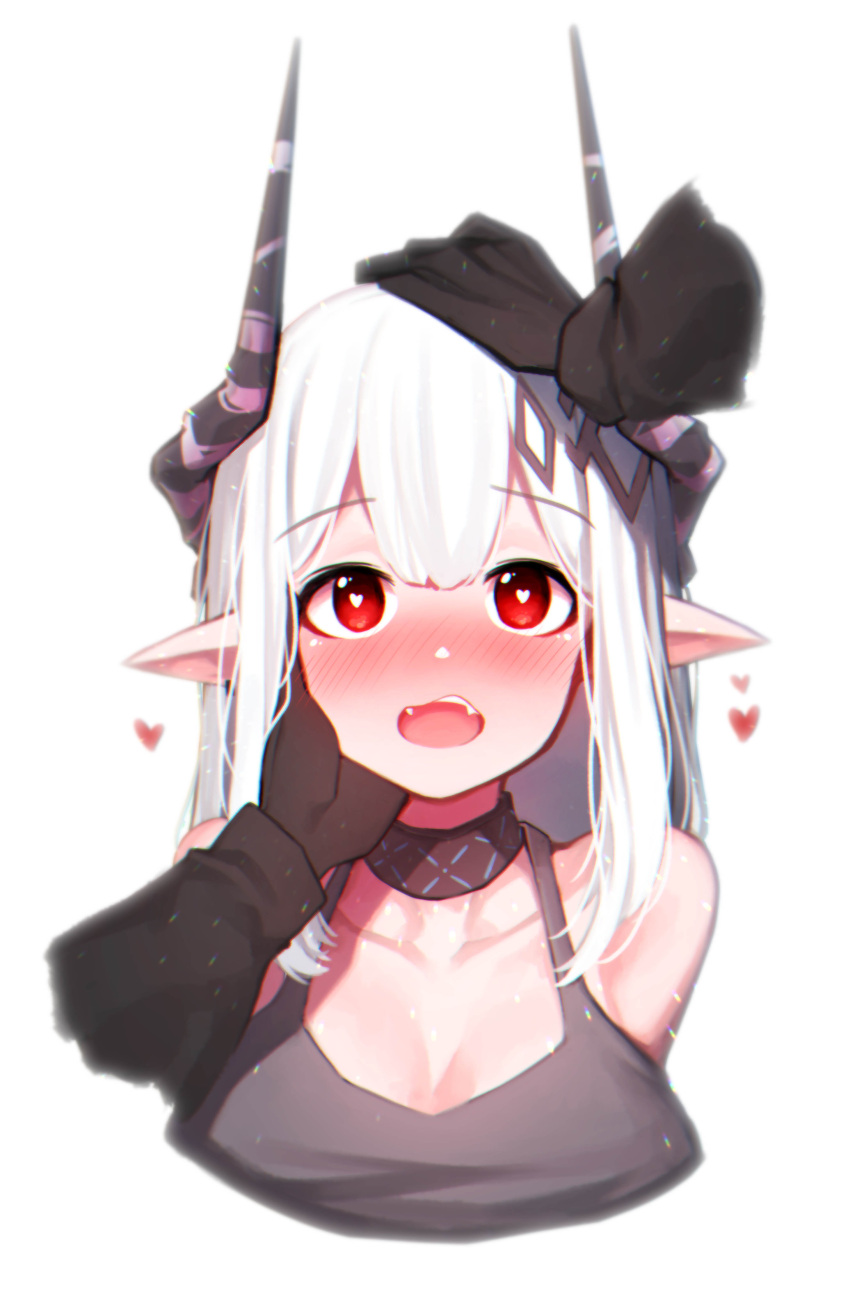 1girl absurdres arknights bangs beudelb black_gloves black_shirt blush bra breasts cleavage cropped_torso demon_horns disembodied_limb embarrassed eyebrows_visible_through_hair fangs gloves grey_bra hand_on_another's_cheek hand_on_another's_face headpat heart heart-shaped_pupils highres horns infection_monitor_(arknights) large_breasts long_sleeves looking_at_viewer medium_hair mudrock_(arknights) open_mouth pointy_ears red_eyes shirt sidelocks simple_background solo sports_bra stroking_cheek symbol-shaped_pupils underwear upper_teeth white_background white_hair