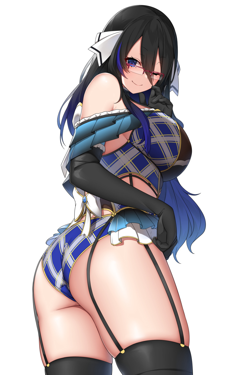 1girl absurdres ass bare_shoulders black_gloves black_hair black_legwear blue_eyes blue_hair breasts commission elbow_gloves from_behind from_below garter_straps gloves gradient_hair hair_between_eyes hair_ribbon highres large_breasts looking_at_viewer looking_down multicolored_hair one_eye_closed original panties plaid plaid_panties ribbon semi-rimless_eyewear simple_background skeb_commission smile solo suruga_(xsurugax) thighhighs underwear white_background white_ribbon