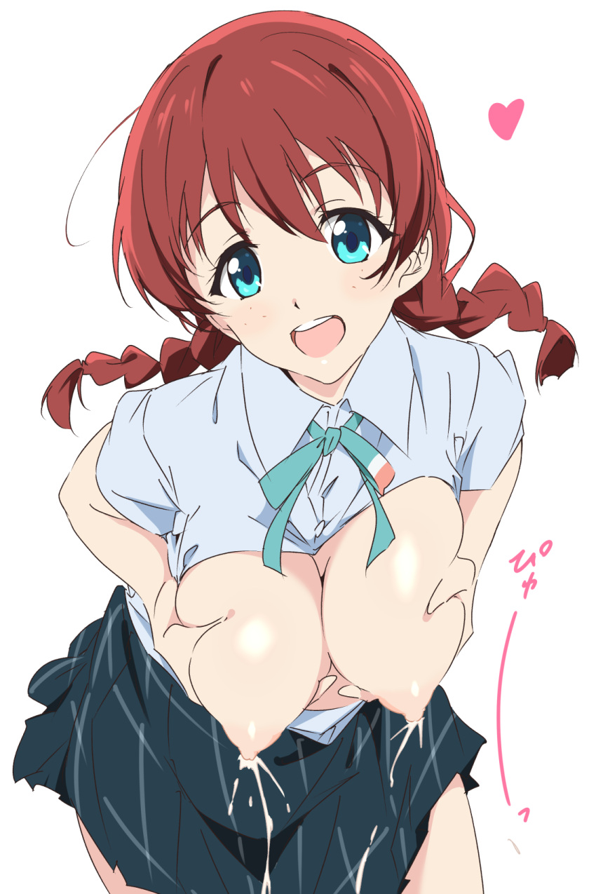 1girl bangs black_skirt blue_eyes blue_shirt braid breasts breasts_outside emma_verde eyebrows_visible_through_hair highres lactation large_breasts looking_at_viewer love_live! love_live!_nijigasaki_high_school_idol_club nipples open_mouth red_hair shirt short_hair simple_background skirt smile solo twin_braids umanosuke white_background
